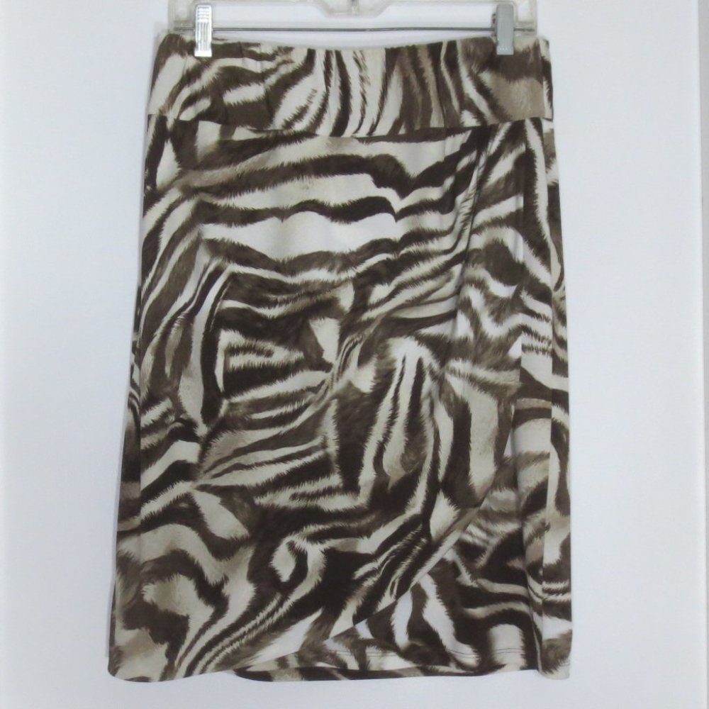 NEW Chico's Skirt Sally Sarong Brown White Zebra Print Faux Wrap Stretch Size 8